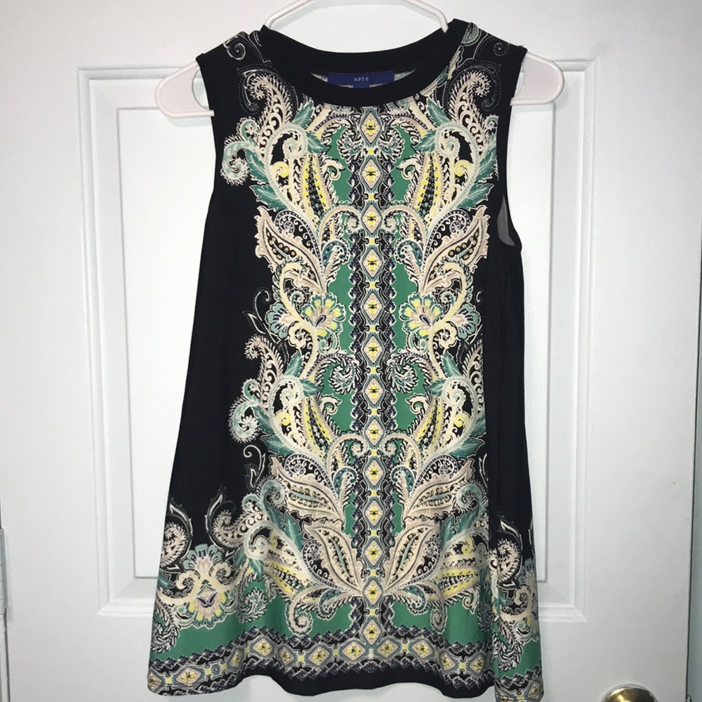 Apt. 9 Black Tunic with Green, Cream & Yellow Paisley Panel